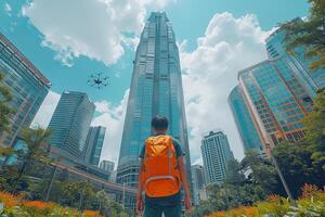 A man carrying an orange backpack is standing in front of a tall building photo