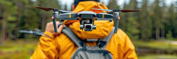 Man in yellow jacket holding drone over shoulder with bicycle handlebar photo