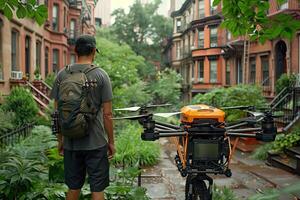 A man with a backpack standing next to a bike with a drone on it photo