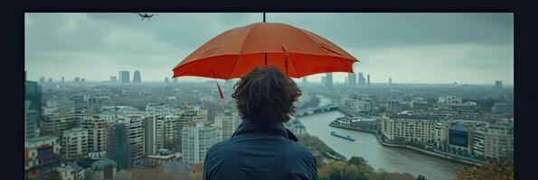 A man standing with a red umbrella, gazing at the city below on a beautiful day photo