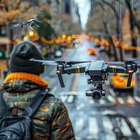 Man holding drone with camera in urban area, trees, buildings photo