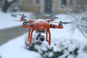 A drone equipped with a camera is flying in the snowy landscape photo