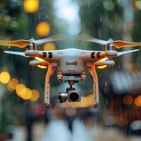 A drone with a camera attached is flying in the rain, capturing images photo
