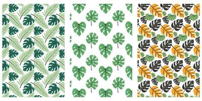 Tropical leaves seamless pattern set. Green and yellow abstract jungle leaves repeat on white. Summer background design for print, decoration, fabric, card. vector