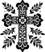 Cross decorative Floral design Silhouette Motif Pattern, Holy cross with Flower design elements sihloette pattern black and white vector