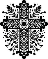 Cross decorative Floral design Silhouette Motif Pattern, Holy cross with Flower design elements sihloette pattern black and white vector