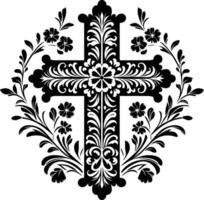 Cross decorative Floral design Silhouette Motif Pattern, Holy cross with Flower design elements sihloette pattern black and white vector
