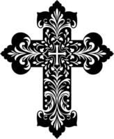Cross decorative Floral design Silhouette Motif Pattern, Holy cross with Flower design elements sihloette pattern black and white vector