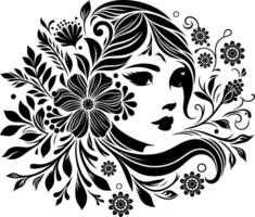 girl face with decorative Floral design Silhouette Motif Pattern, girl face with Flower design elements silhouette pattern black and white vector