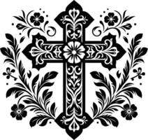 Cross decorative Floral design Silhouette Motif Pattern, Holy cross with Flower design elements sihloette pattern black and white vector