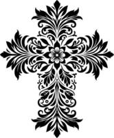 Cross decorative Floral design Silhouette Motif Pattern, Holy cross with Flower design elements sihloette pattern black and white vector