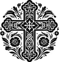 Cross decorative Floral design Silhouette Motif Pattern, Holy cross with Flower design elements silhouette pattern black and white vector