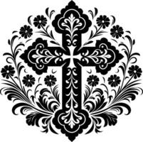 Cross decorative Floral design Silhouette Motif Pattern, Holy cross with Flower design elements sihloette pattern black and white vector