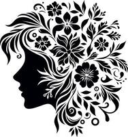 girl face with decorative Floral design Silhouette Motif Pattern, girl face with Flower design elements silhouette pattern black and white vector