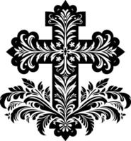 Cross decorative Floral design Silhouette Motif Pattern, Holy cross with Flower design elements sihloette pattern black and white vector