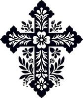 Cross decorative Floral design Silhouette Motif Pattern, Holy cross with Flower design elements silhouette pattern black and white vector