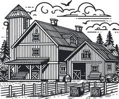 farmhouse line art vect silhouette for coloring book on a white background, farmhouse illustration line art for coloring page vector