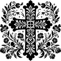 Cross decorative Floral design Silhouette Motif Pattern, Holy cross with Flower design elements silhouette pattern black and white vector