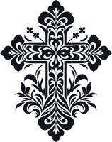 Cross decorative Floral design Silhouette Motif Pattern, Holy cross with Flower design elements silhouette pattern black and white vector