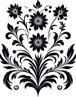 decorative Floral design Silhouette Motif Pattern, Flower design elements silhouette pattern black and white, decorative Botanical Flourish Silhouette pattern illustration
