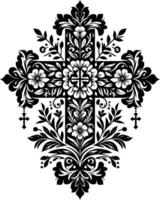 Cross decorative Floral design Silhouette Motif Pattern, Holy cross with Flower design elements silhouette pattern black and white vector