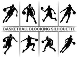 A silhouette of a man playing basketball, blocking an opponent during a game. Basketball players running and practicing, preparing for a soccer tournament. Basketball blocking silhouettes. vector