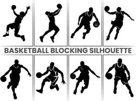 A silhouette of a man playing basketball, blocking an opponent during a game. Basketball players running and practicing, preparing for a soccer tournament. Basketball blocking silhouettes. vector