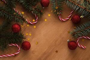 Abstract Christmas and New Year's background with Christmas tree and red Christmas balls. photo
