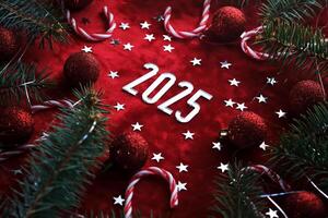 New Year red 2025 background. Number of the coming year in Christmas decoration. photo