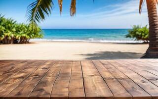 wooden empty table on the beach under a palm tree with an ocean view photo