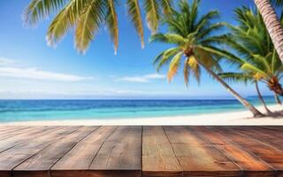wooden empty table on the beach under a palm tree with an ocean view photo