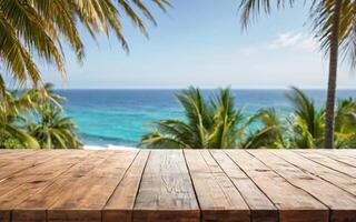 wooden empty table with palm trees and ocean view photo