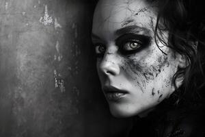 A womans face with dark marks gazes out from the shadows photo