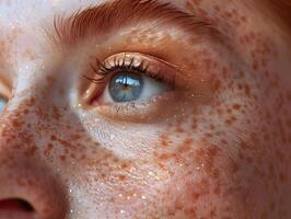 A persons face with freckles, focusing on the eye photo