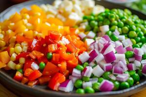 This vibrant dish is packed with bell peppers, red onions, corn, and peas, perfect for vegans and vegetarians. Its made with fresh, healthy ingredients, ideal for a nourishing meal photo