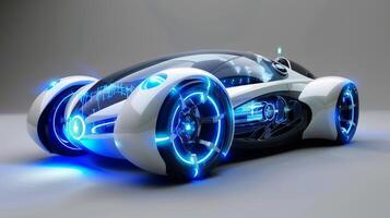 Futuristic concept car with advanced technology, glowing lights, and aerodynamic design on a dark background. photo