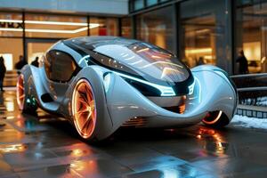 Cuttingedge prototype car with sleek design in a modern city, highlighting innovation and advanced technology photo