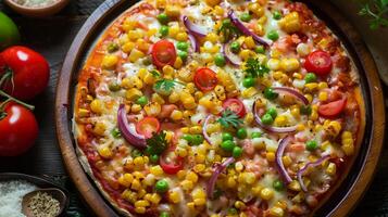 Savor the delightful vegan pizza with corn, tomatoes, onions, peas, and fresh herbs. Its a nutritious choice for vegetarians and vegans, appealing to those seeking a wholesome and flavorful meal photo