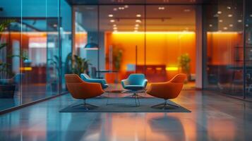 The modern office lounge has trendy chairs, glass walls, and ambient lighting for a stylish and comfortable environment photo
