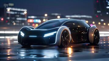 Futuristic hypercar with neon lights races through rainsoaked city at night, showcasing design and technology photo