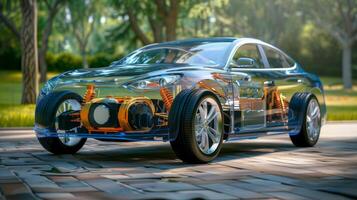 Detailed view of a transparent electric car illustrating internal mechanics parked in a lush green park. photo