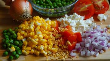 Imagine a wide range of vibrant vegan and vegetarian ingredients such as peas, corn, onion, tomato, and feta cheese, coming together to create a nutritious and flavorful meal for your diet photo