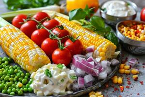 Boost your nutritional intake by incorporating an array of colorful plantbased ingredients like corn, tomatoes, and peas into your vegan or vegetarian meals for added antioxidants and vitamins photo