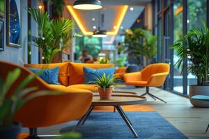 Stylish modern office lounge area featuring comfortable seating, lush greenery, and natural lighting. photo