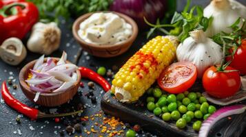 Boost your nutritional intake by incorporating an array of colorful plantbased ingredients like corn, tomatoes, and peas into your vegan or vegetarian meals for added antioxidants and vitamins photo