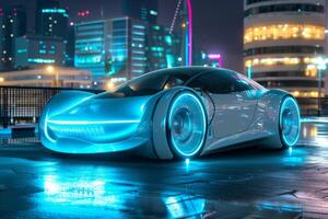 Futuristic car with LED lights in neonlit city, showcasing advanced automotive design and technology photo
