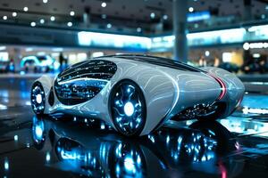 A sleek, futuristic electric car is showcased in a modern showroom with neon lights, displaying advanced design photo