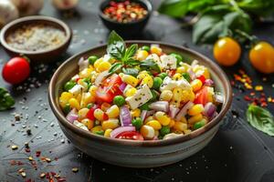 A vibrant, healthy vegan salad showcases corn, tomatoes, peas, onions, and tofu, garnished with fresh basil. Its an appetizing and colorful bowl full of nutrients and antioxidants photo