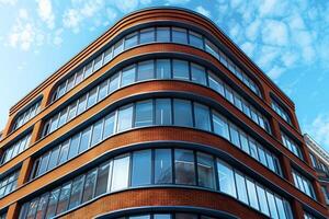Vintage retro architectural style building with rounded edges, large grid windows, red brick facade under a blue sky with scattered clouds, evoking a classic and nostalgic aesthetic photo