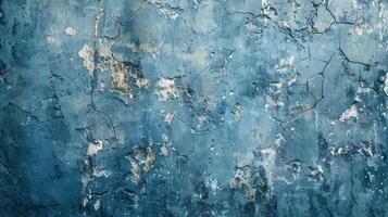 A detailed view of weathered blue paint peeling off an old wall, revealing a textured and worn surface photo